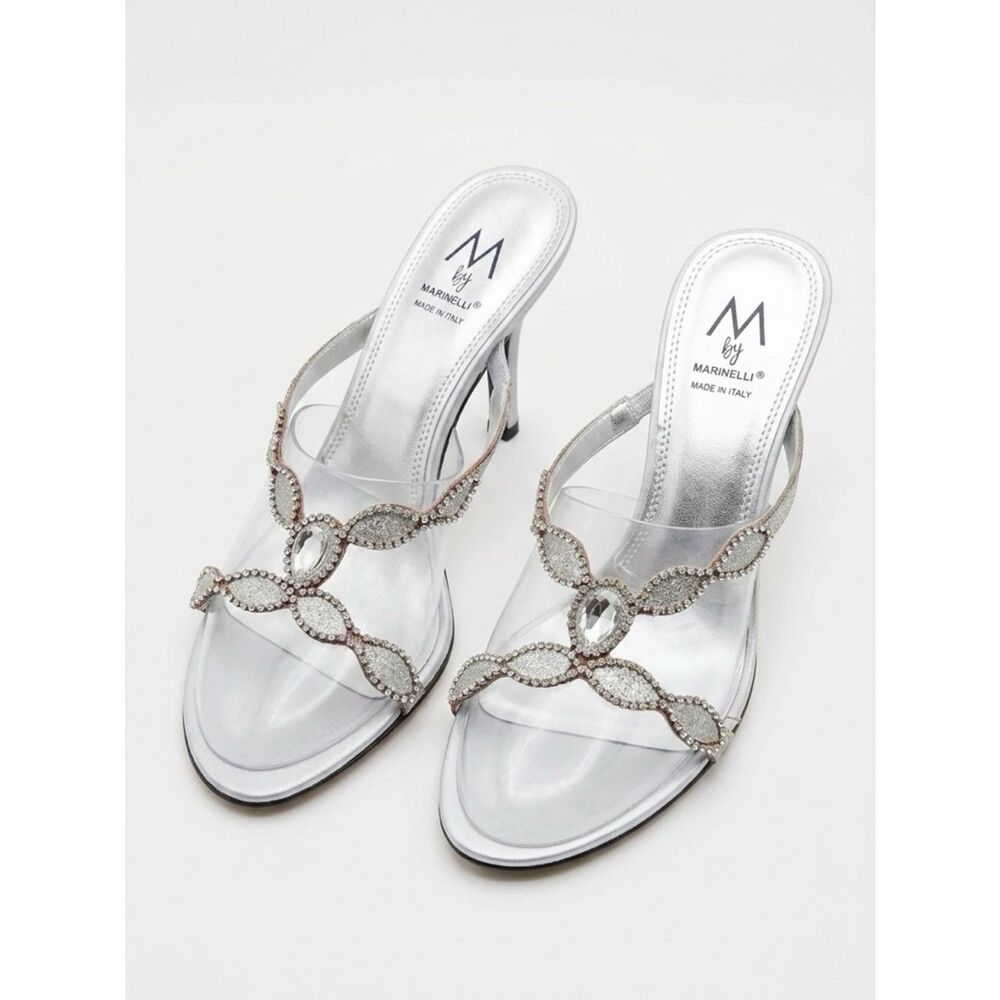 SILVER BACKLESS SANDALS w RHINESTONES 3” HEEL SIZE 7.5 by M by MARINELLI